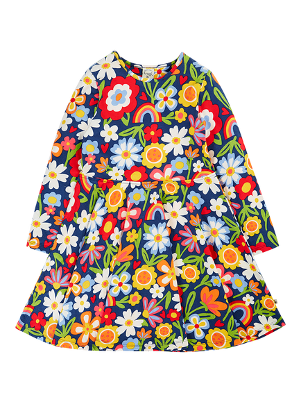 Frugi Kids' Sofia Long Sleeve Floral Skater Dress, Blue Multi, Blue Multi
