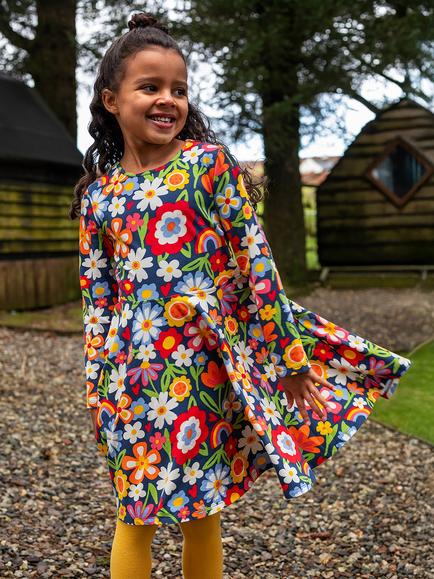 Frugi Kids' Sofia Long Sleeve Floral Skater Dress, Blue Multi - view 2, Blue Multi