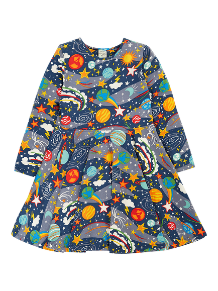 Frugi Kids' Sofia Long Sleeve Space Print Skater Dress, Blue Navy, Blue Navy
