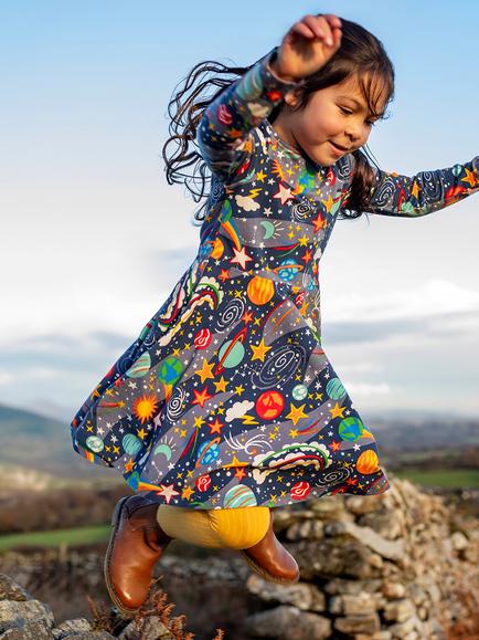 Frugi Kids' Sofia Long Sleeve Space Print Skater Dress, Blue Navy - view 2, Blue Navy