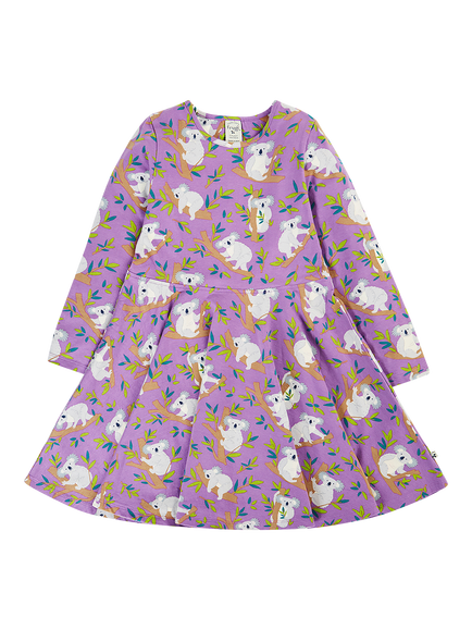 Frugi Kids' Sofia Long Sleeve Printed Skater Dress, Purple Multi, Purple Multi