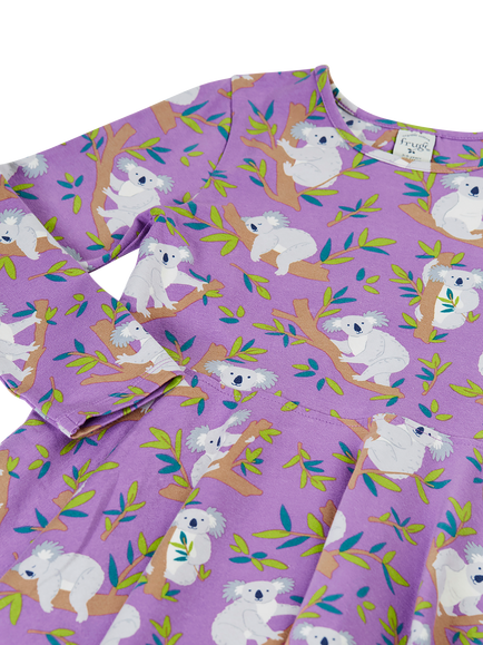 Frugi Kids' Sofia Long Sleeve Printed Skater Dress, Purple Multi - view 2, Purple Multi