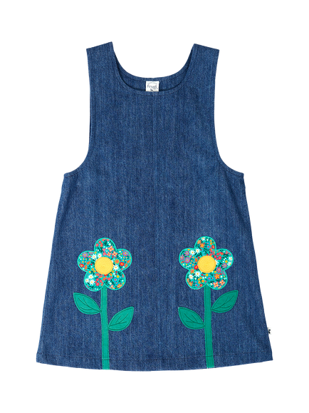 Frugi Kids' Stephanie Floral Applique Pinafore Dress, Blue, Blue