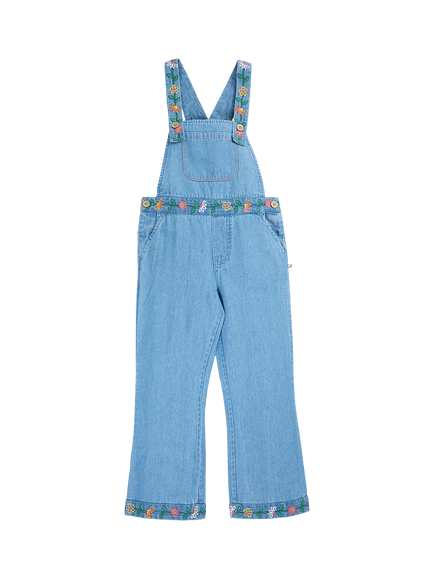 Frugi Kids' Denim Flared Dungarees, Denim/Flower, Denim/Flower