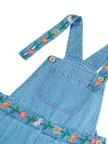 Frugi Kids' Denim Flared Dungarees, Denim/Flower - view 2, Denim/Flower