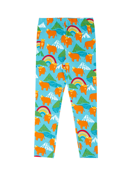 Frugi Kids' Libby Highland Cow Printed Leggings, Multi, Blue Multi