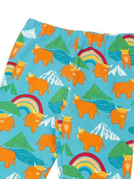 Frugi Kids' Libby Highland Cow Printed Leggings, Multi - view 2, Blue Multi