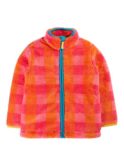 Frugi Kids' Zipped Ted Fleece Jacket, Rhubarb Check, Rhubarb Check