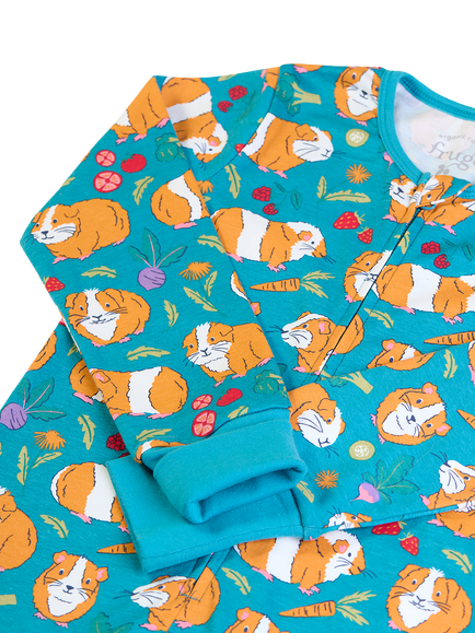 Frugi Kids' Zelah Zip-Up All-In-One Pyjama Suit, Blueguineapigmuddle - view 2, Blueguineapigmuddle