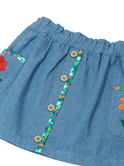 Frugi Kids' Selena Papaerbag Denim Skirt, Blue Multi - view 2, Blue Multi