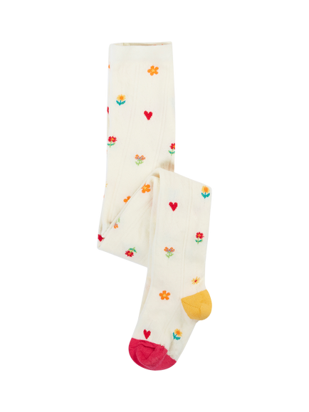 Frugi Kids' Floral PointelleTights, White, Soft White/Multi