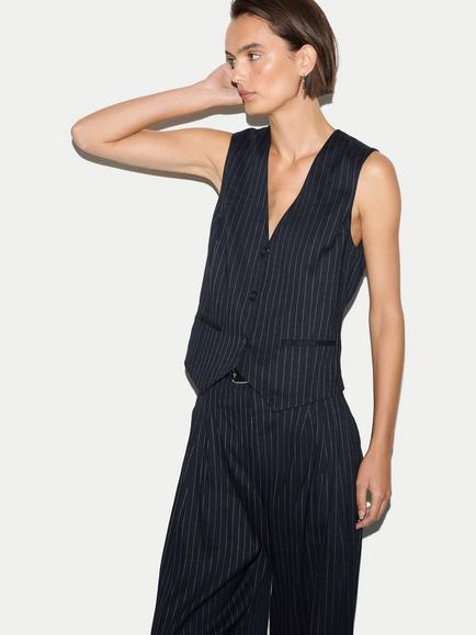 Jigsaw Linen Blend Pinstripe Waistcoat, Navy, Navy