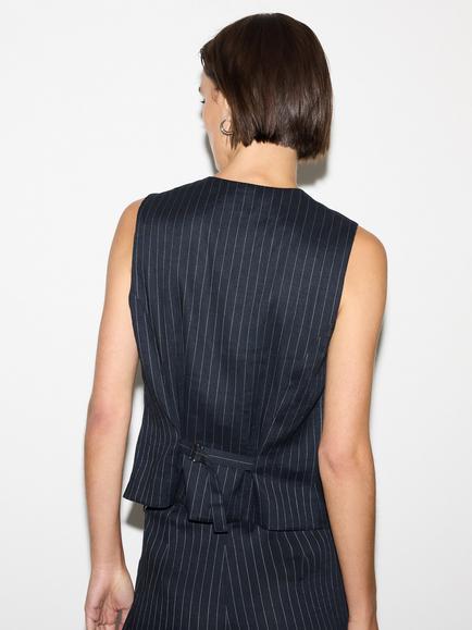Jigsaw Linen Blend Pinstripe Waistcoat, Navy - view 2, Navy
