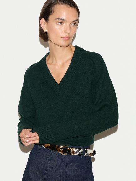 Jigsaw Wool Rich with Cashmere V-Neck Jumper, Green