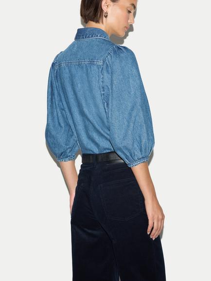 Jigsaw Puff Sleeve Denim Shirt, Mid Blue - view 2, Mid Blue