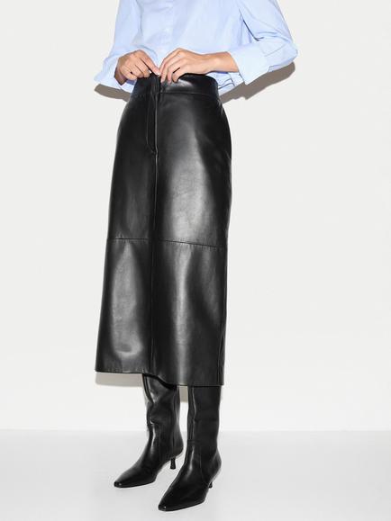 Jigsaw Nappa Leather Straight Split Midi Skirt, Black, Black