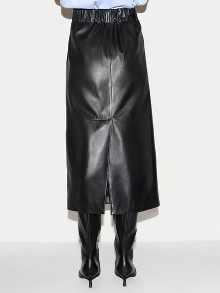 Jigsaw Nappa Leather Straight Split Midi Skirt, Black - view 2, Black