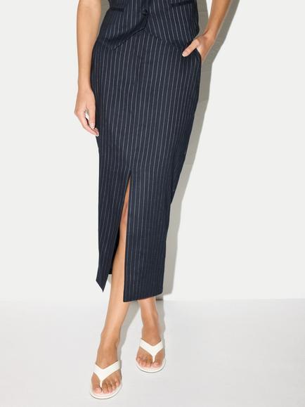 Jigsaw Pinstripe Tailored Linen Blend Skirt, Navy, Navy