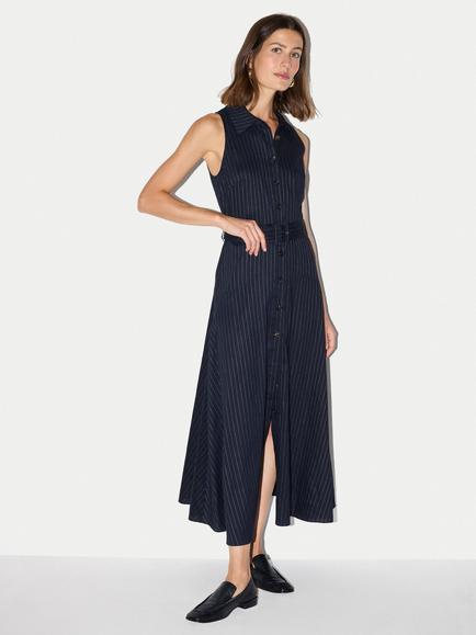 Jigsaw Linen Blend Pinstripe Belted Dress, Navy, Navy