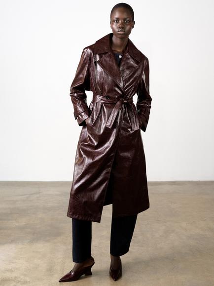 French Connection Athene Crinkle Faux Leather Trench Coat, Dark Cherry Liqueur, Dark Cherry Liqueur