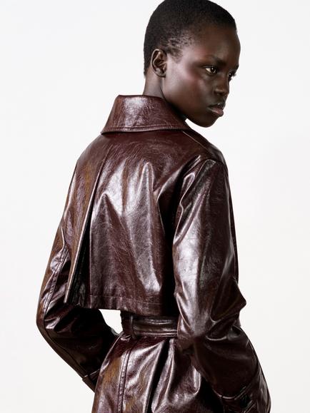 French Connection Athene Crinkle Faux Leather Trench Coat, Dark Cherry Liqueur - view 2, Dark Cherry Liqueur