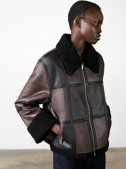 French Connection Camry Faux Suede Faux Shearling Aviator Jacket, Brown, Brown