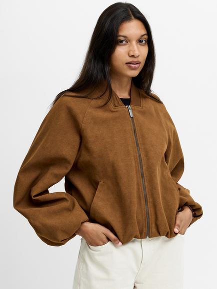 French Connection Orelia Faux Suede Bomber Jacket, Toffee Brown, Toffee Brown