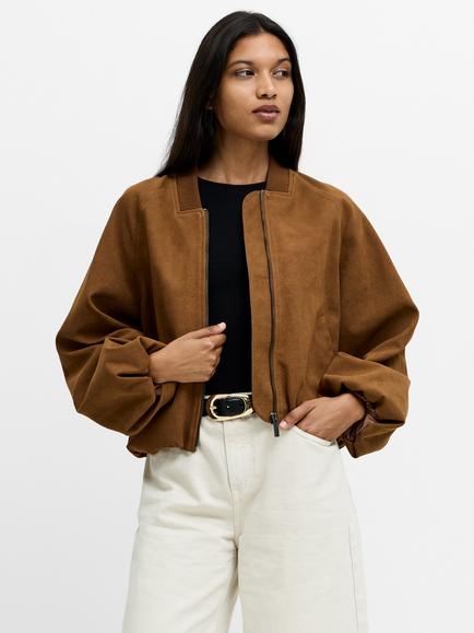 French Connection Orelia Faux Suede Bomber Jacket, Toffee Brown - view 2, Toffee Brown