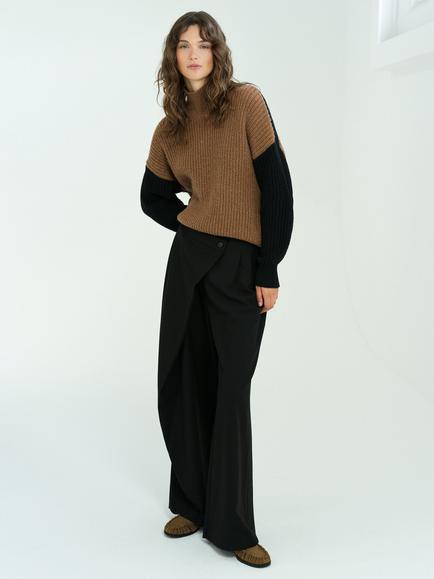 French Connection Iona Colourblock Roll Neck Jumper, Black/Toffee Brown, Black/Toffee Brown