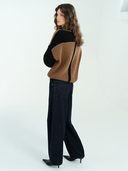French Connection Iona Colourblock Roll Neck Jumper, Black/Toffee Brown - view 2, Black/Toffee Brown