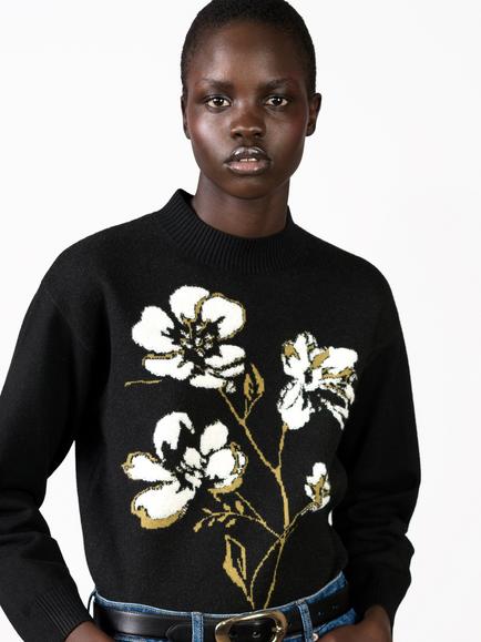 French Connection Oriana Floral Jacquard Jumper, Black/Khaki Green, Black/Khaki Green