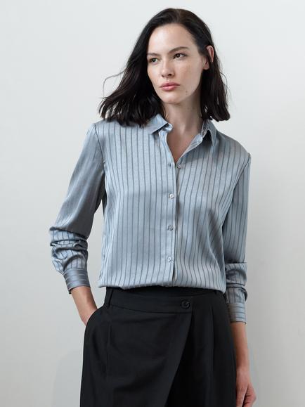 French Connection Maggie Striped Satin Shirt, Silver Grey, Silver Grey