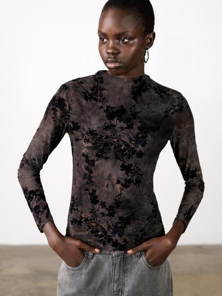 French Connection Kenny Floral Velvet Devore Mesh Jersey Top, Black/Brown Multi, Black/Brown Multi
