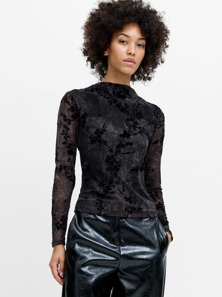French Connection Kenny Floral Velvet Devore Mesh Jersey Top, Black/Brown Multi - view 2, Black/Brown Multi