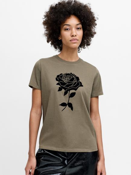 French Connection Rose Flocked T-Shirt, Khaki Green/Black, Khaki Green/Black