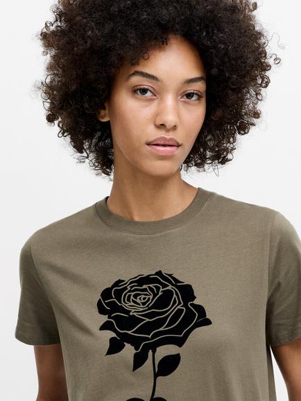 French Connection Rose Flocked T-Shirt, Khaki Green/Black - view 2, Khaki Green/Black