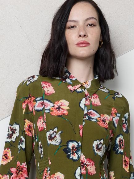 French Connection Abbie Floral Shirt Dress, Moss Green - view 2, Moss Green