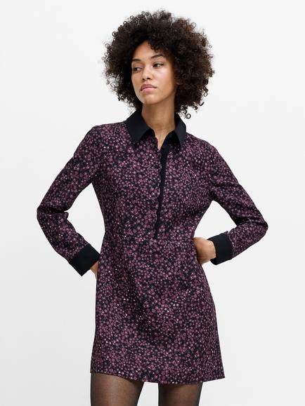 French Connection Audrey Floral Tailored Mini Shirt Dress, Black/Cherry Liqueur, Black/Cherry Liqueur