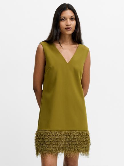French Connection Azra Faux Feather Trim Mini Dress, Moss Green, Moss Green