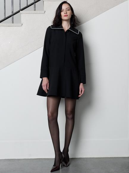 French Connection Azra Faux Pearl Collar Mini Dress, Black, Black
