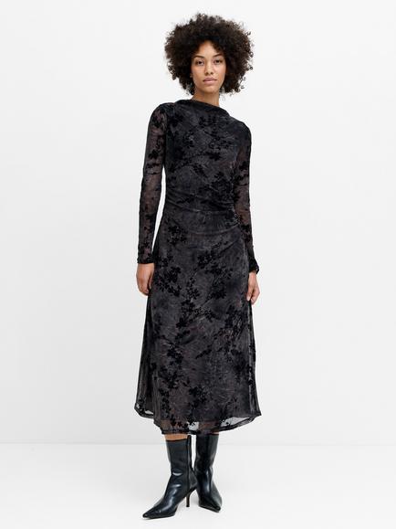 French Connection Kenny Floral Velvet Devoré Mesh Midi Dress, Black/Brown, Black/Brown