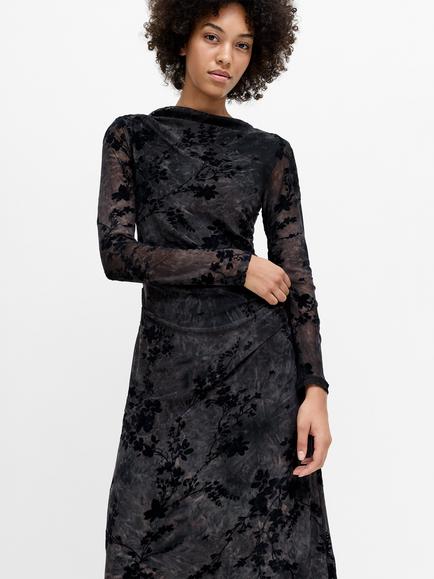 French Connection Kenny Floral Velvet Devoré Mesh Midi Dress, Black/Brown - view 2, Black/Brown