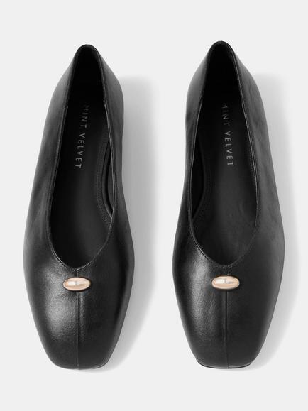 Mint Velvet Leather Flat Ballet Pumps, Dark Green - view 2, Dark Green