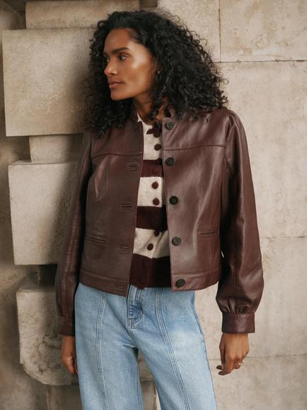 Mint Velvet Stand Collar Leather Jacket, Black, Burgundy