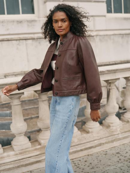 Mint Velvet Stand Collar Leather Jacket, Black - view 2, Burgundy
