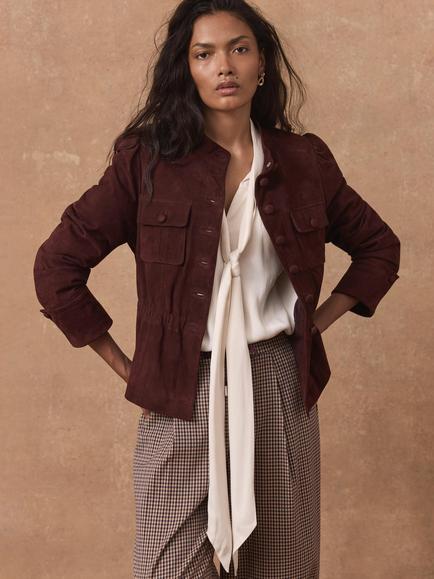 Mint Velvet Suede Peplum Jacket, Red Burgundy, Red Burgundy