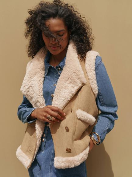Mint Velvet Suede and Faux Fur Gilet, Brown Camel - view 2, Brown Camel