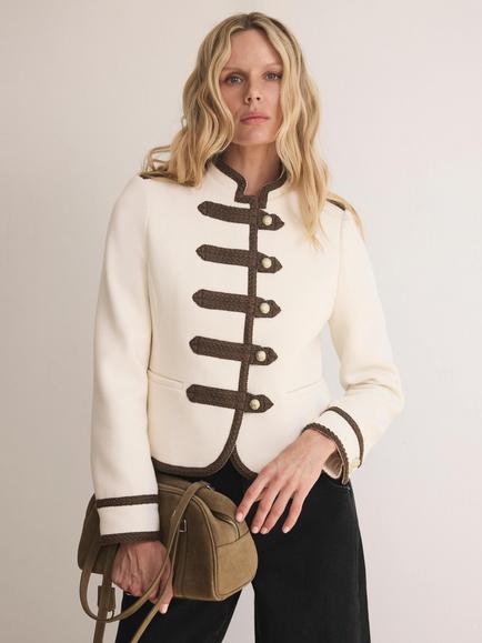 Mint Velvet Wool Blend Contrast Military Jacket, Ivory/Brown, Ivory/Brown