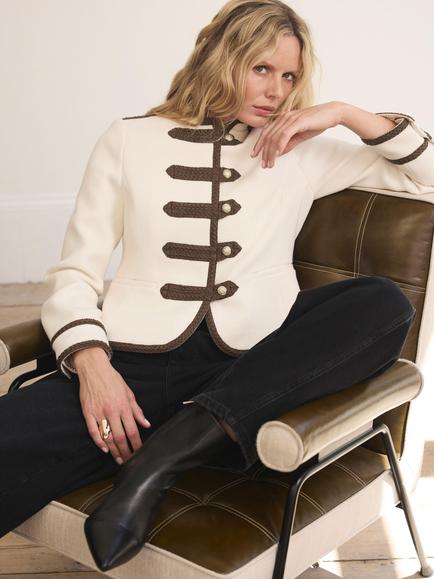 Mint Velvet Wool Blend Contrast Military Jacket, Ivory/Brown - view 2, Ivory/Brown