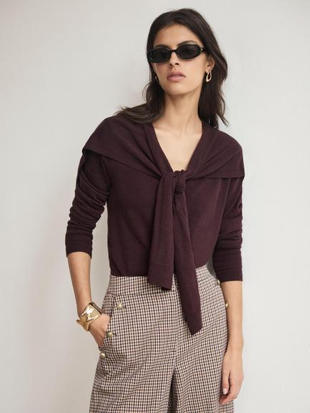 Mint Velvet Scarf Detail Cashmere Blend Cardigan, Red Burgundy - view 2, Red Burgundy